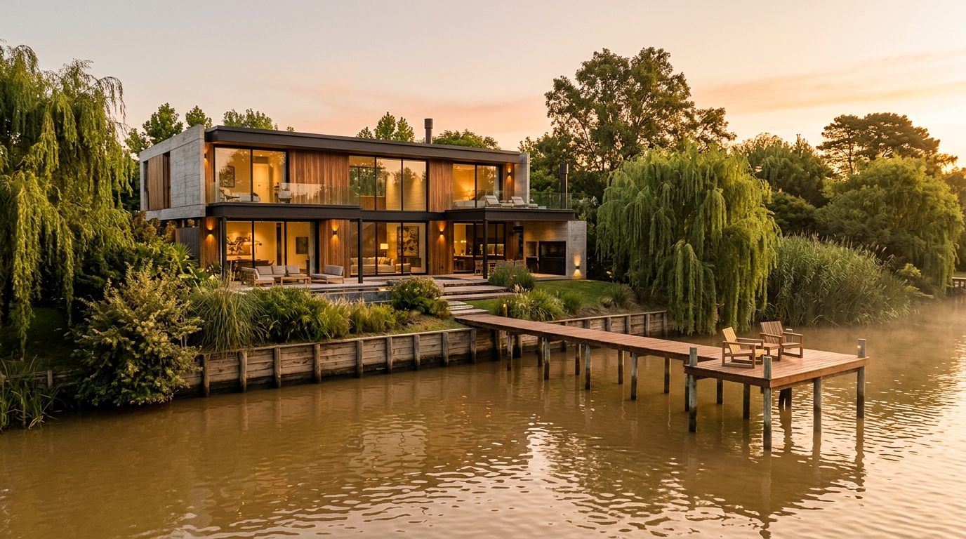 Residencia moderna sobre el río en Tigre, con muelle de madera, al atardecer.