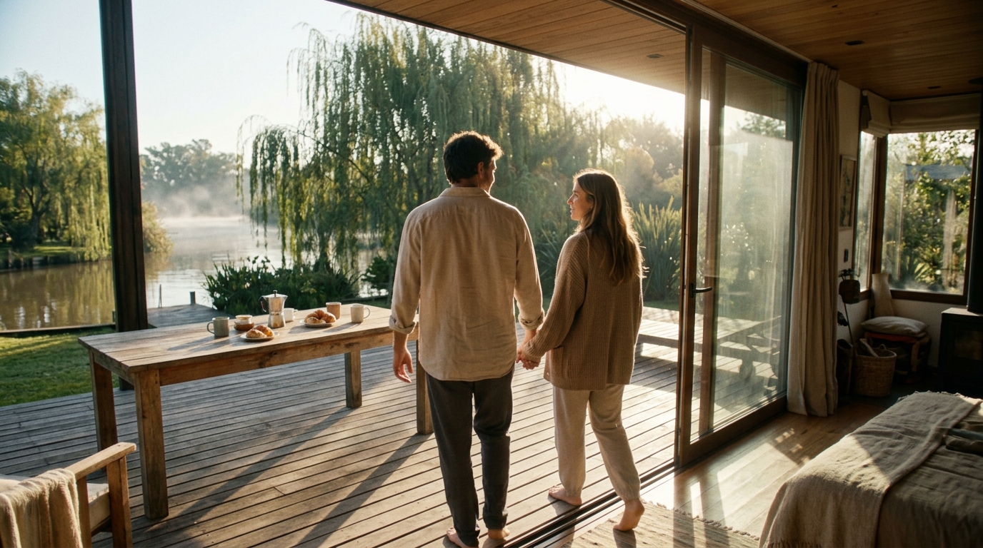 Pareja desayunando en la terraza al amanecer, vista al río.