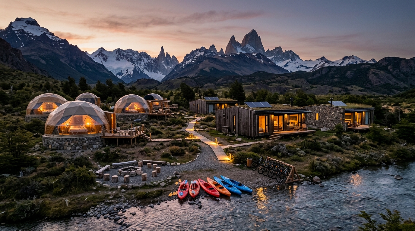 Domos geodésicos y cabañas junto al río, con kayaks y bicicletas de montaña, al atardecer sobre la cordillera.