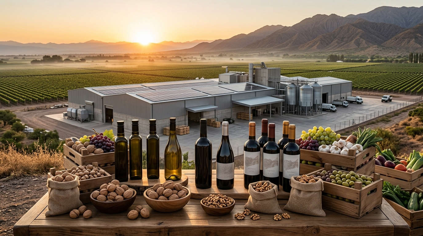 Aceite de oliva, vinos, nueces y verduras sobre una mesa, con planta agroindustrial y viñedos al fondo al atardecer.